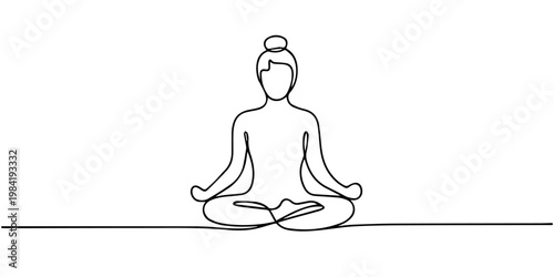 Woman sitting in lotus pose yoga continuous one line drawing , Continuous one line drawing of a woman sitting in a lotus yoga pose