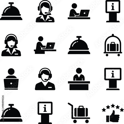 Set of service and hospitality icons featuring reception bells, customer support headsets, information kiosks, and luggage carts for hotels.