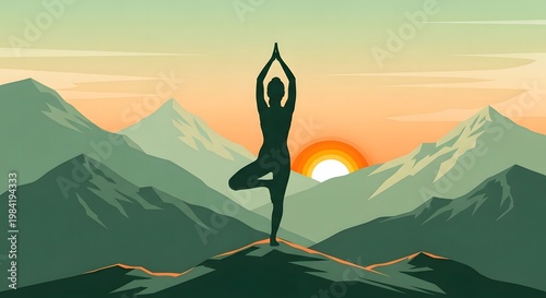 Young woman doing yoga and stretching in the morning. Healthy fitness center with mountain view.