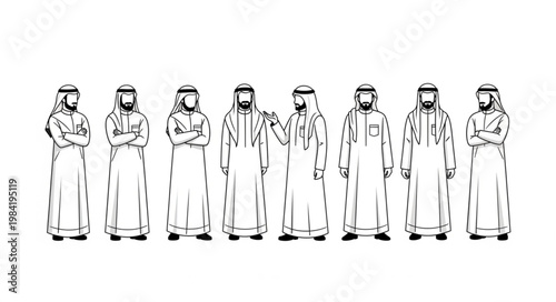 Line art of Arab men in traditional attire standing together.