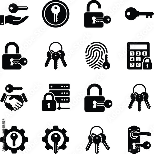 Collection of security and access icons including keys, locks, fingerprint, handshake, and server security.