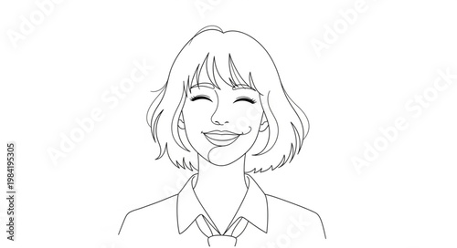 Line Art Portrait of a Joyful Young Woman with Short Hair.