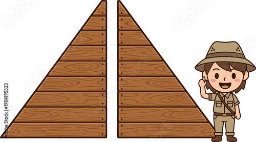 Wooden pyramid shapes with explorer boy character cartoon vector illustration collection for adventure and learning design