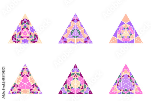 Isolated ornate mosaic triangle symbol template set - polygonal ornamental vector graphics from triangles