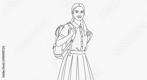 Line Art Illustration of a Young Woman with Backpack.