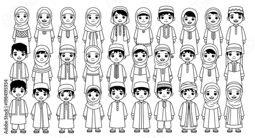 Line art illustration of diverse cartoon characters in traditional attire.