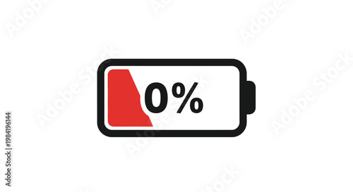 A digital battery icon displays zero percent charge indicating emptiness