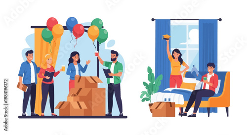 Flat vector illustration featuring diverse roommates celebrating a move with cardboard boxes and balloons, plus a couple commemorating a graduation in their new apartment.