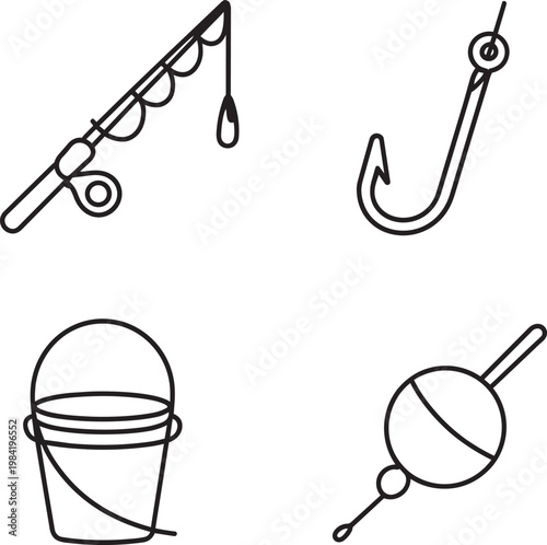 Fishing rod, hook, bucket, and bobber icons in simple outline style