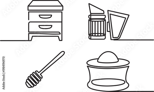 Honey pot icon set with honey dipper, hand drawn, and drawing tool in outline style
