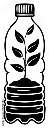 Sapling in a plastic water bottle, black and white illustration. Environmentally friendly reuse concept.