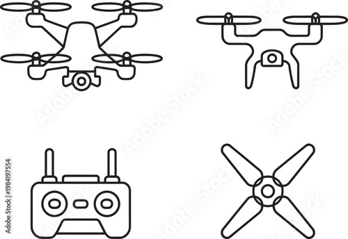 Remote control icon set with top view, unmanned aerial vehicle, and studio shot in outline