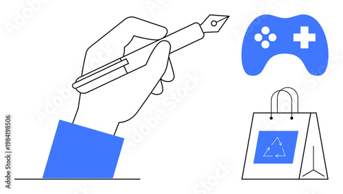 Creativity, gaming, sustainability, design, recycling, eco-conscious shopping. A hand holding a pen, a game controller and a recyclable bag. Creativity and gaming concepts with sustainability