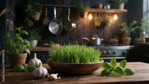 Fresh wheatgrass in a wooden bowl on a rustic kitchen counter with herbs and garlic