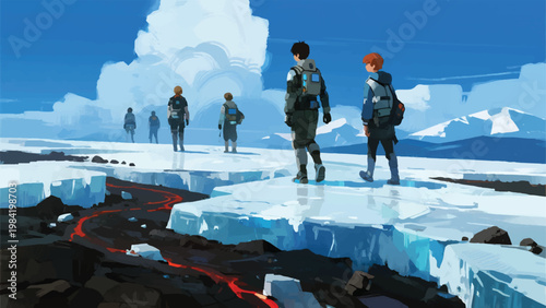 Illustration Of A Group Of People Walking On A Stretch Of Frozen Volcanic Lava Vector Design Template