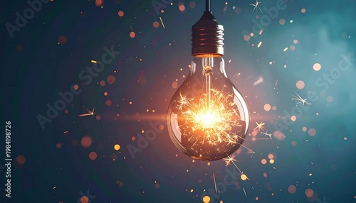 Illuminated lightbulb, glowing brightly with sparks, on a dark, blurred background