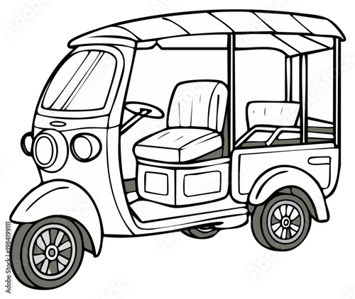 Classic Auto Rickshaw, Tricycle, or Tuk-Tuk: Detailed Black and White Line Art for Coloring Book Page