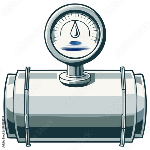 Industrial pressure gauge measuring liquid flow in a metal pipe