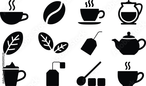 Coffee and tea icons set a black silhouette collection for beverage designs