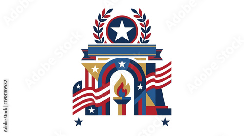 Patriotic memorial illustration of a war memorial arch with USA flags and a torch, symbolizing honor and respect on Memorial Day, a patriotic holiday in the USA.