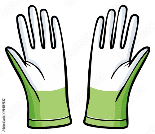 Pair of cartoon cleaning gloves with green cuffs on white background