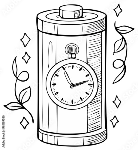 Hand-drawn battery symbol with clock face and organic flourishes representing energy and time