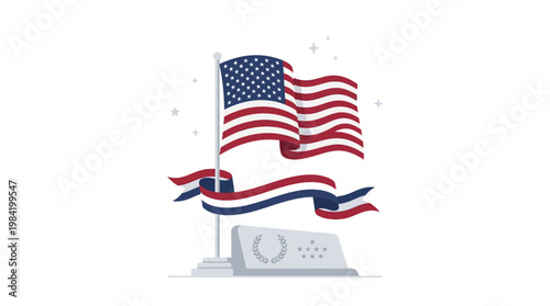 Illustration of a waving USA flag with red, white, and blue ribbons on a memorial plaque for Memorial Day 2026, a patriotic holiday in the USA, symbolizing remembrance and honor.