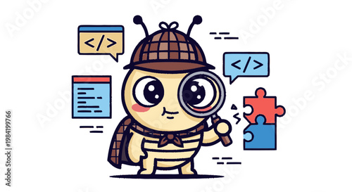 Cartoon bug detective with magnifying glass and code elements