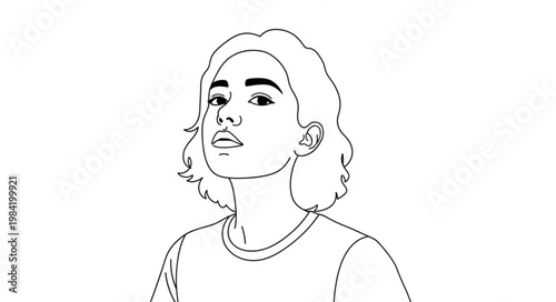 Line Art Portrait of a Young Woman Looking Upwards.