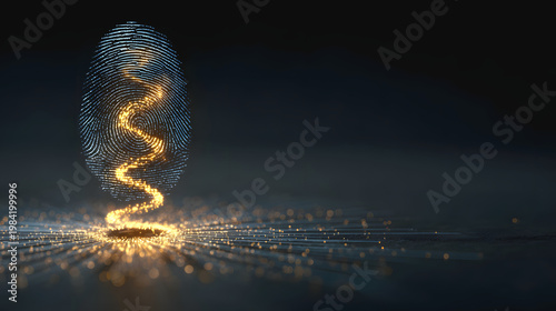 Glowing fingerprint with digital data stream on dark background