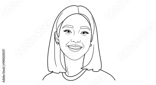 Line Art Portrait of a Smiling Young Woman with Bob Haircut.