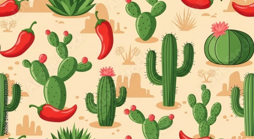 a vibrant desert landscape featuring a variety of cacti and chili peppers in a repeating pattern on