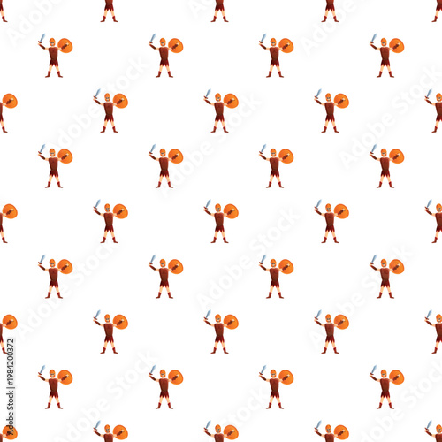 Cartoon gladiators holding swords and shields creating a seamless historical pattern