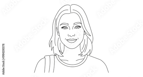 Line Art Portrait of a Smiling Young Woman with Bob Haircut.