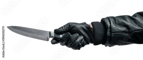 Hand in Leather Glove Holding Knife: A Weapon of Crime and Danger