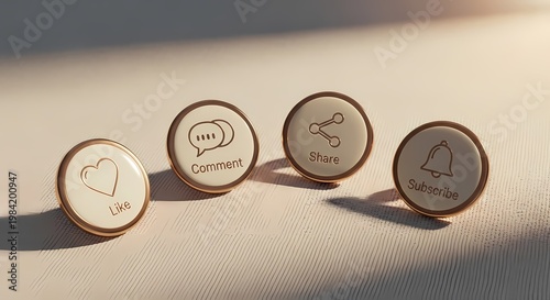 Hand drawn social media interaction icons on wooden discs in natural sunlight