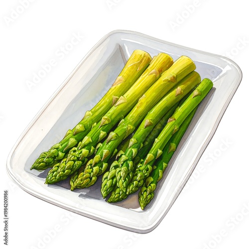 Steamed asparagus spears, green and yellow, arranged on a rectangular white plate
