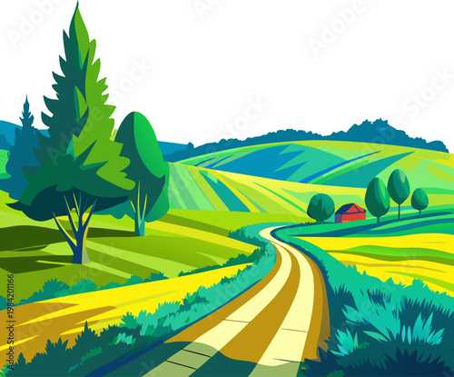 Abstract summer landscape with green field, blue sky and country road in watercolor style stock illustration