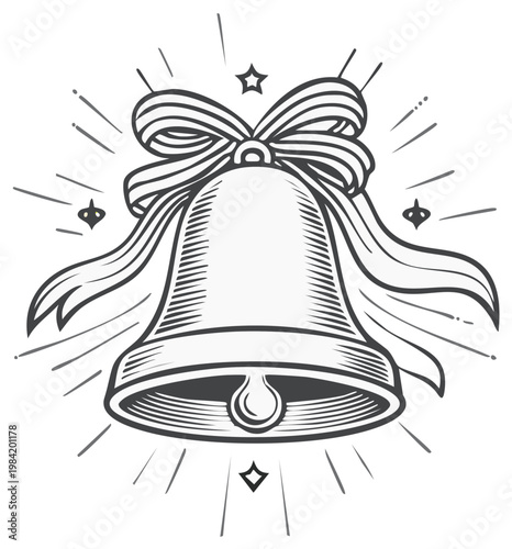 Vintage ornate bell with elegant bow and radiant starburst line art illustration.