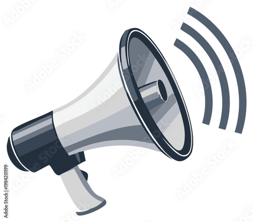 Grey and White Megaphone Illustration Broadcasting Soundwaves for Announcement or Important Message