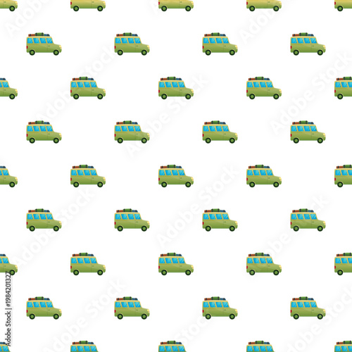 Seamless pattern featuring green camper vans with luggage on a white background