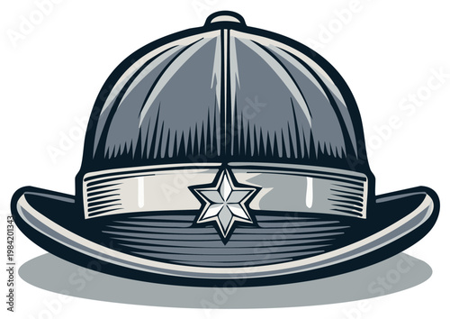 Traditional police helmet with star badge emblem graphic vector illustration, symbol of law enforcement