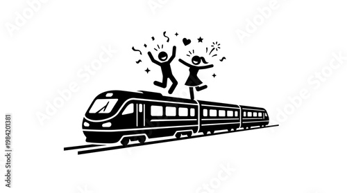 Happy Travelers Jumping on a High-Speed Train