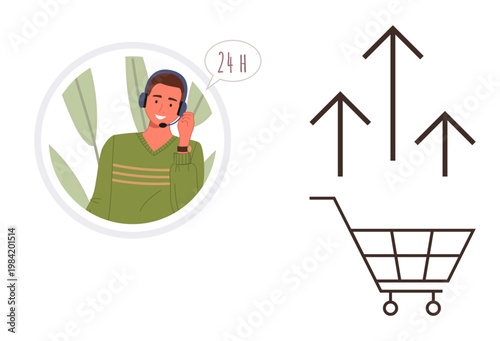 Customer service, e-commerce, sales growth, telecommunication, shopping trends, 24-hour support. A man with a headset and 24h bubble next to arrows above a cart. Customer service and e-commerce