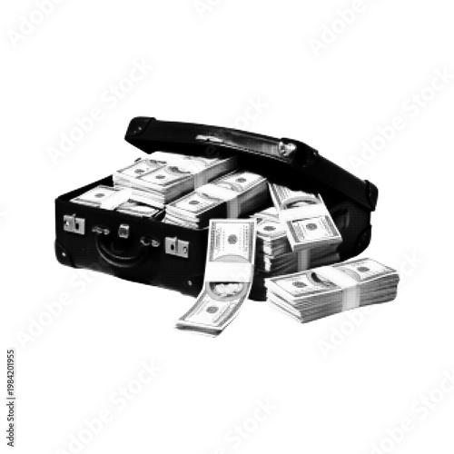 Suitcase filled with cash in monochrome halftone style, illustration symbolizing wealth, finance, corruption, crime, and money laundering.
