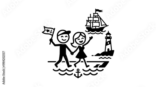 Happy Couple Walking by the Sea Landmark Symbols
