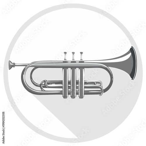 A detailed illustration of a silver trumpet with a long shadow against a light gray background in a circular frame