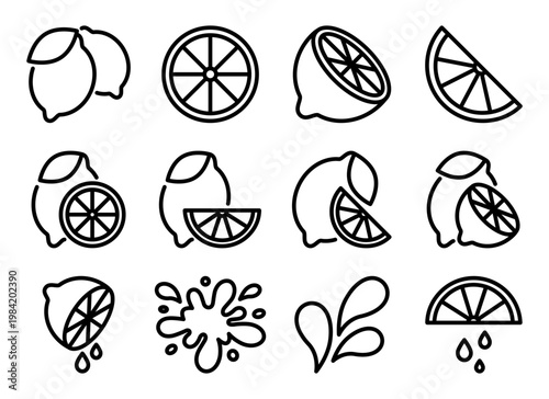 Lemon icon set with slices, halves and juice splashes. Citrus pictograms with drops and liquid elements. Outline icons with editable stroke for food and fresh juice concept. 