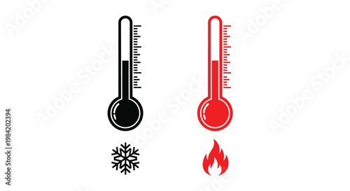 Two thermometers displaying different temperatures with hot and cold symbols