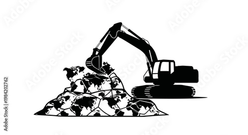 Black silhouette of excavator with pile of rubble.